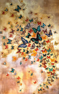 A swirling cloud of jewel-toned butterflies over warm gold
