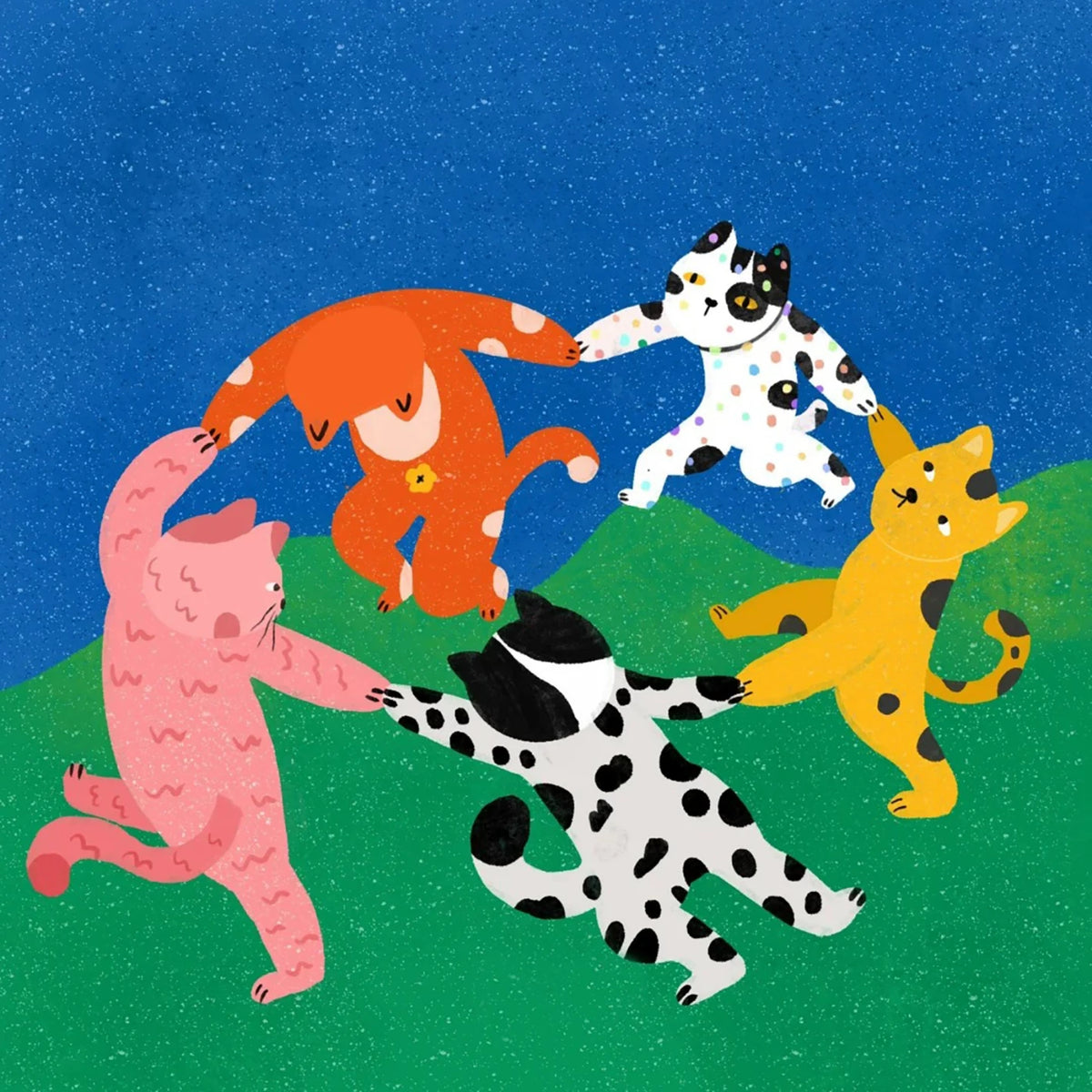 Six cartoon cats in bright patterns dancing in a ring on a green hill under a blue night sky