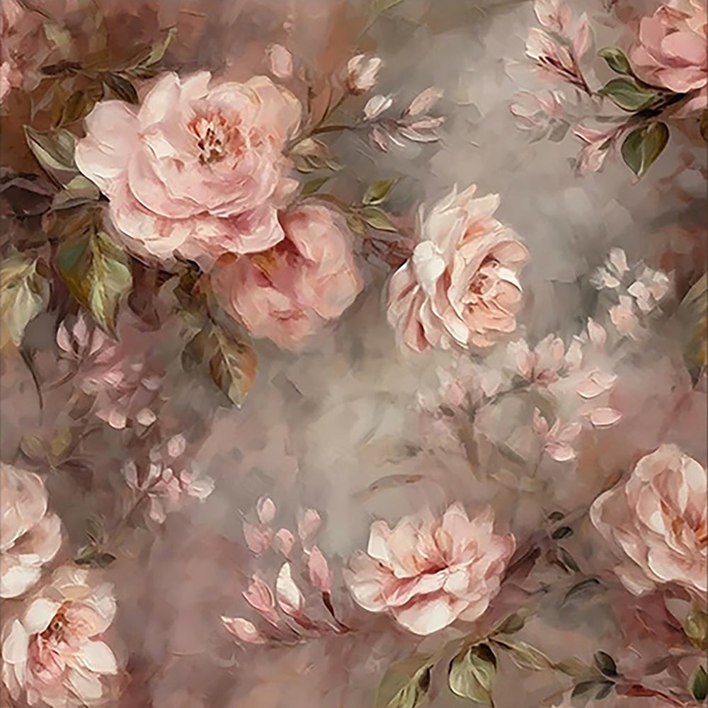 Soft pink peonies and roses emerging from a smoky mauve ground