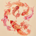 Coral-pink koi with flowing fins swimming in a circle on a warm cream ground