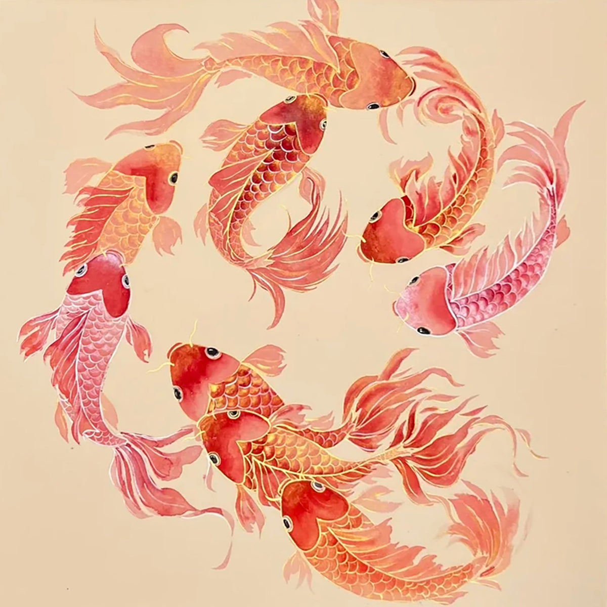 Coral-pink koi with flowing fins swimming in a circle on a warm cream ground