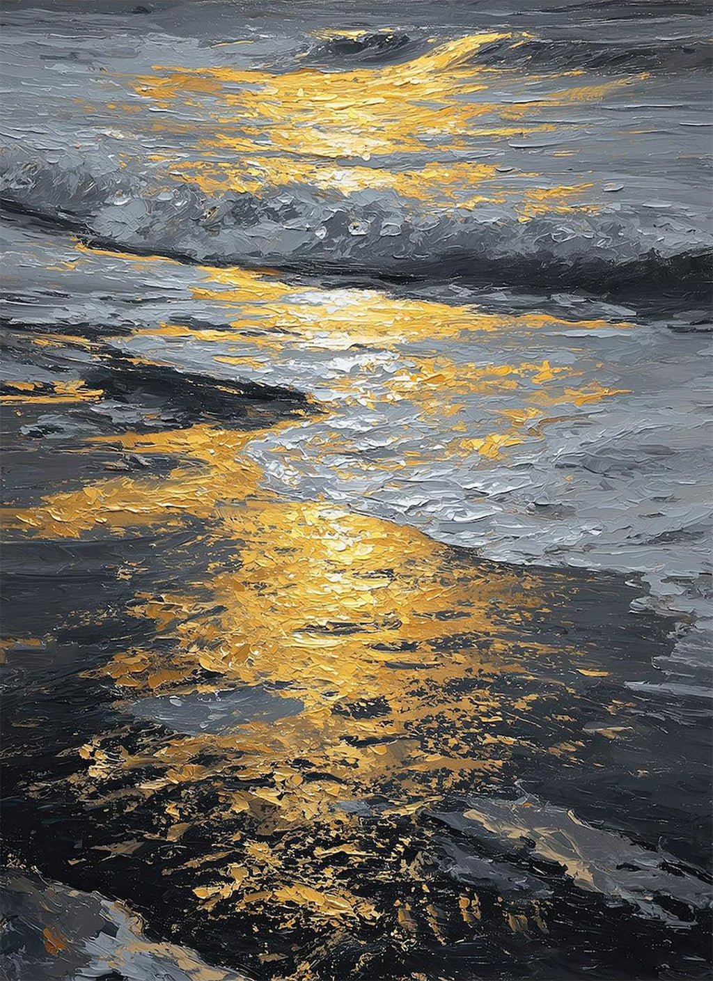 Molten gold light spilling across dark, silvery waves on a shoreline