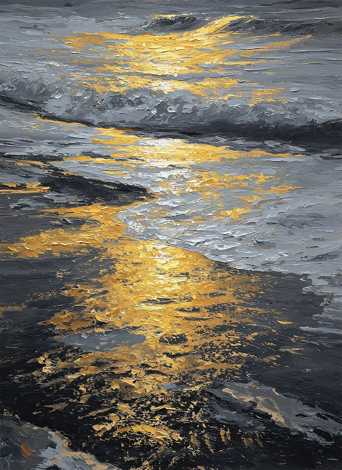 Molten gold light spilling across dark, silvery waves on a shoreline