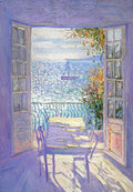 A lavender room with a chair and table, open doors onto a glittering sea and a white sail