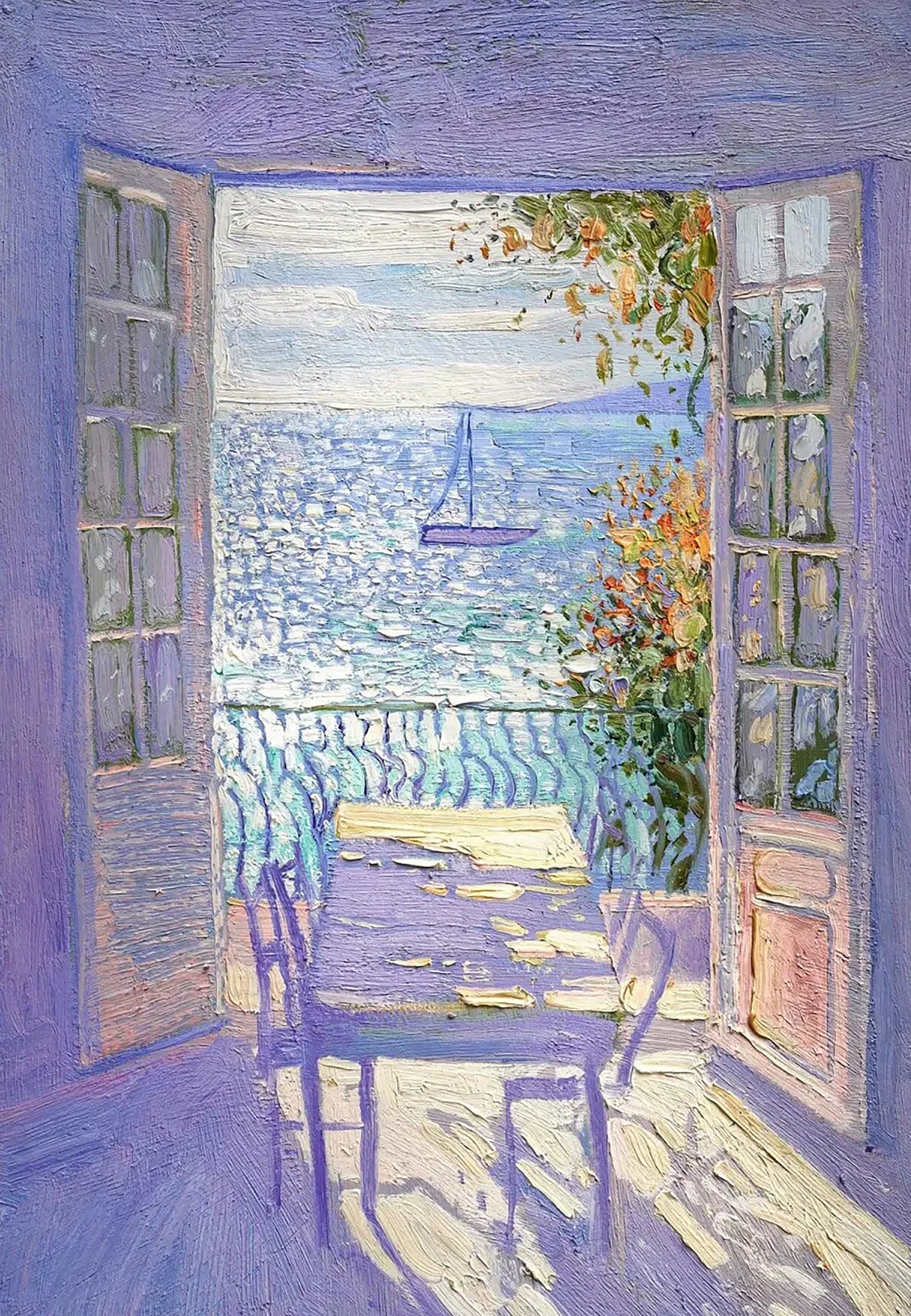A lavender room with a chair and table, open doors onto a glittering sea and a white sail