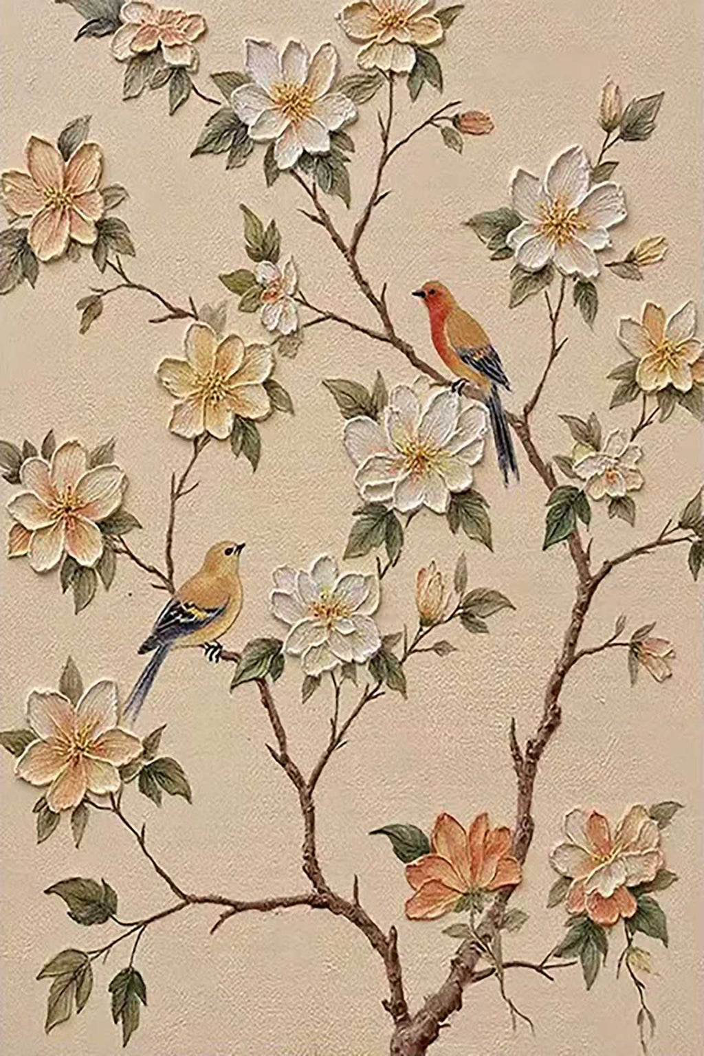 Two small birds on a branch of peach blossoms over warm beige