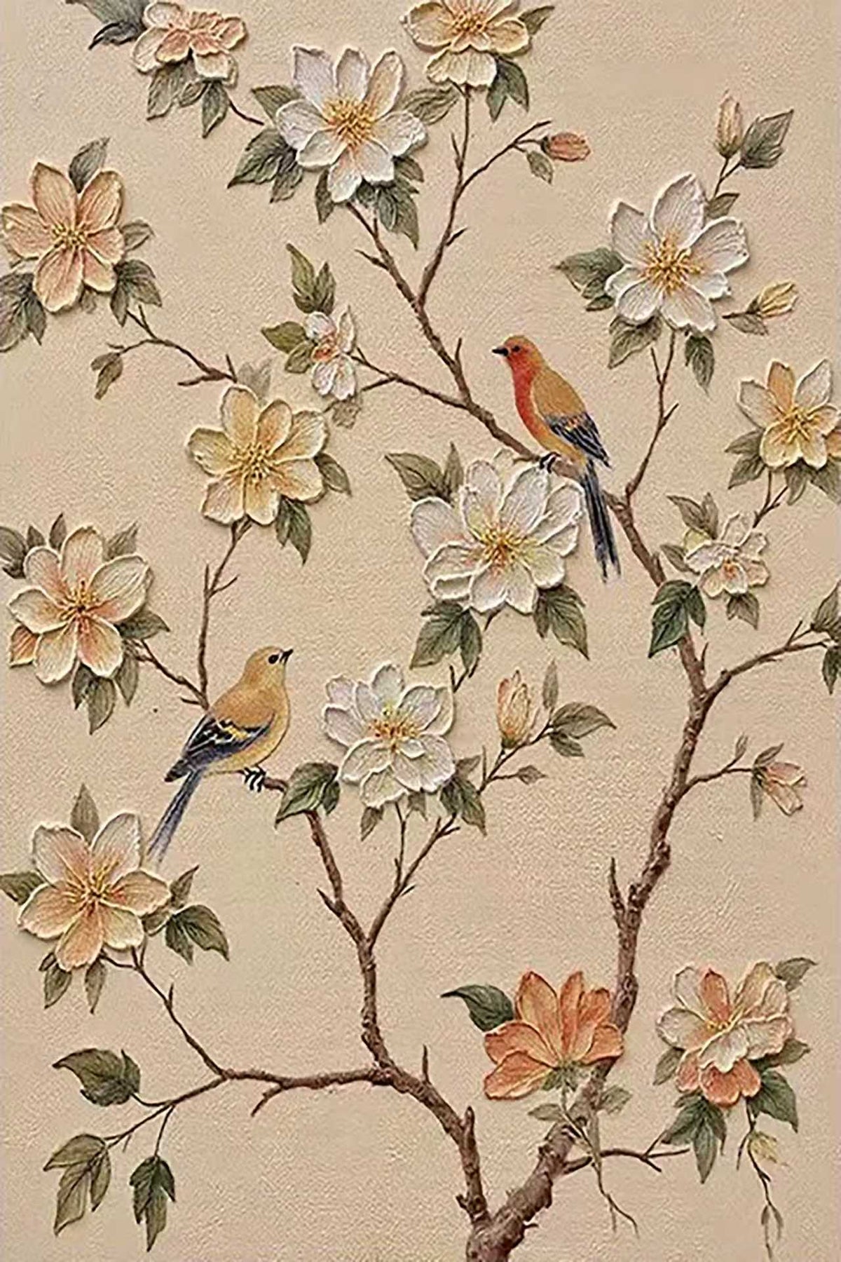 Two small birds on a branch of peach blossoms over warm beige