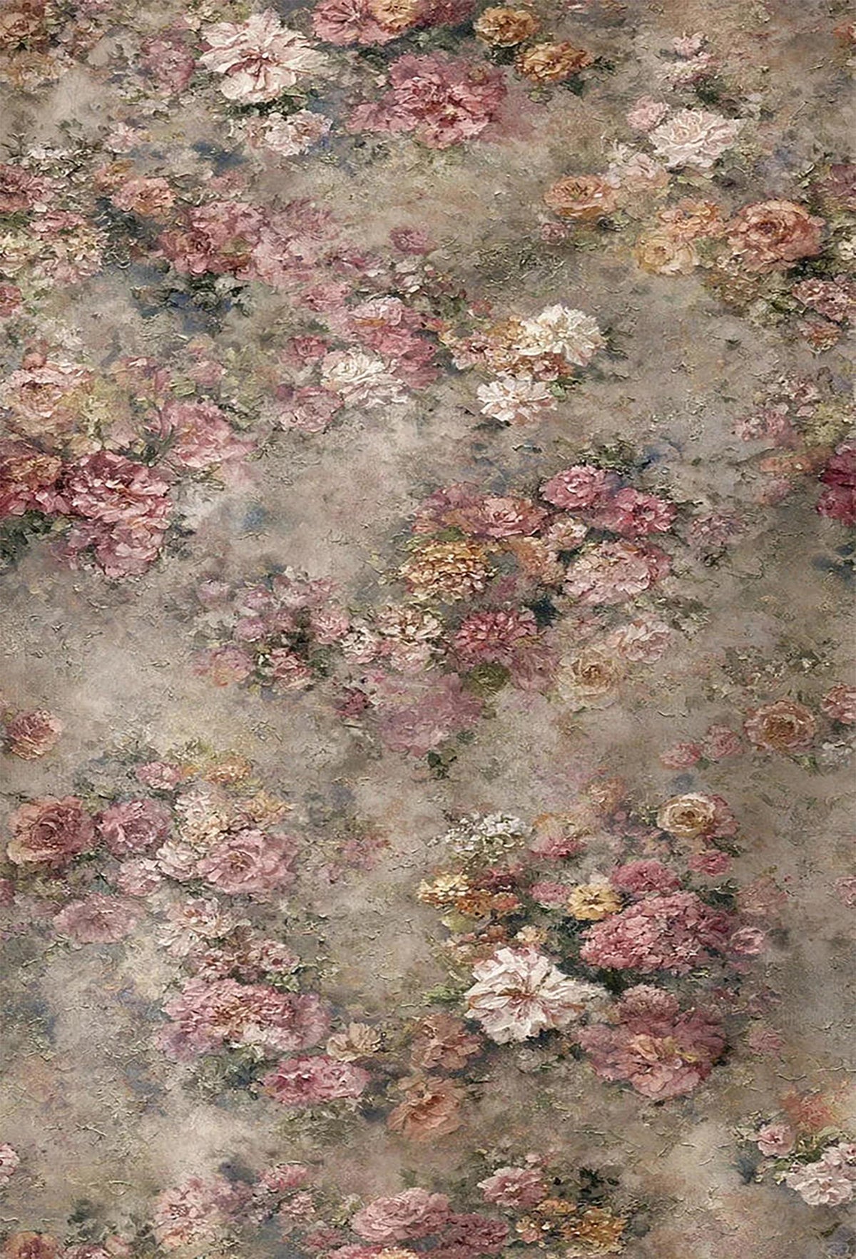 Faded pink and cream roses scattered across a weathered taupe ground like antique wallpaper