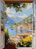 An open window with yellow flowers looking onto a colorful lakeside village, boats and mountains