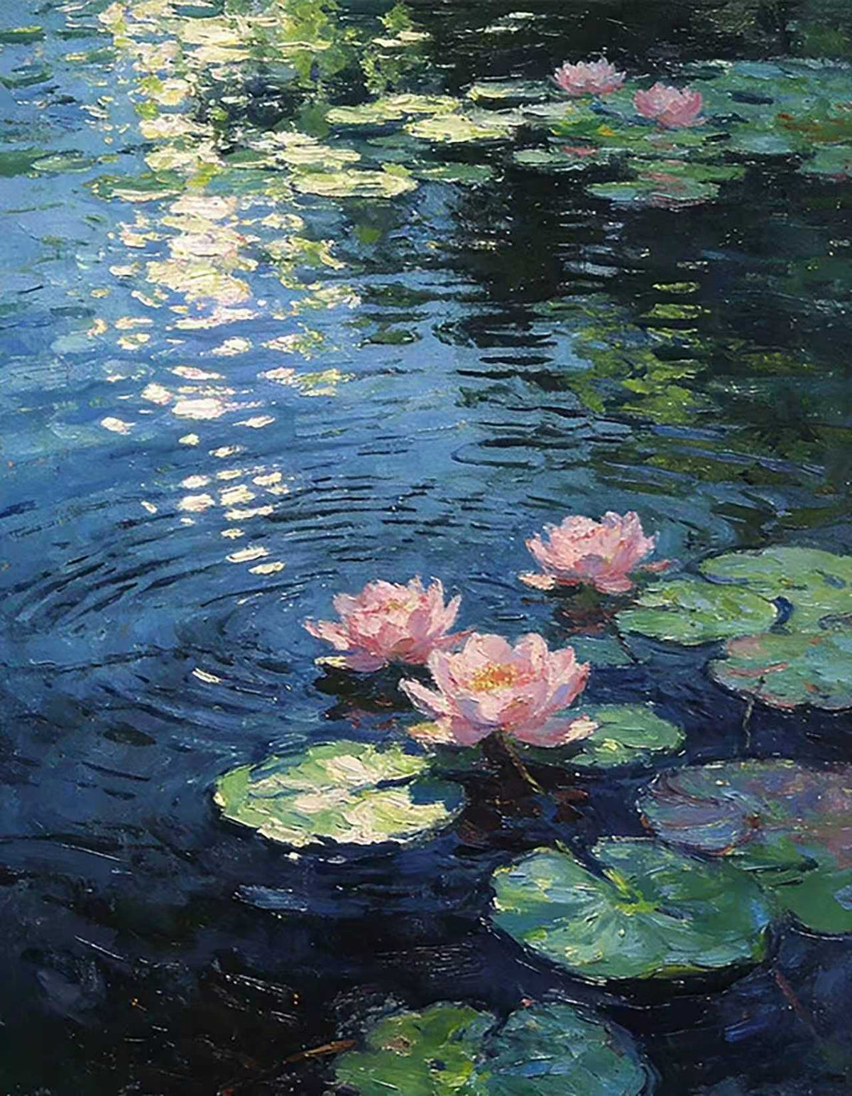 Pink water lilies and pads floating on rippling deep-blue water flecked with light
