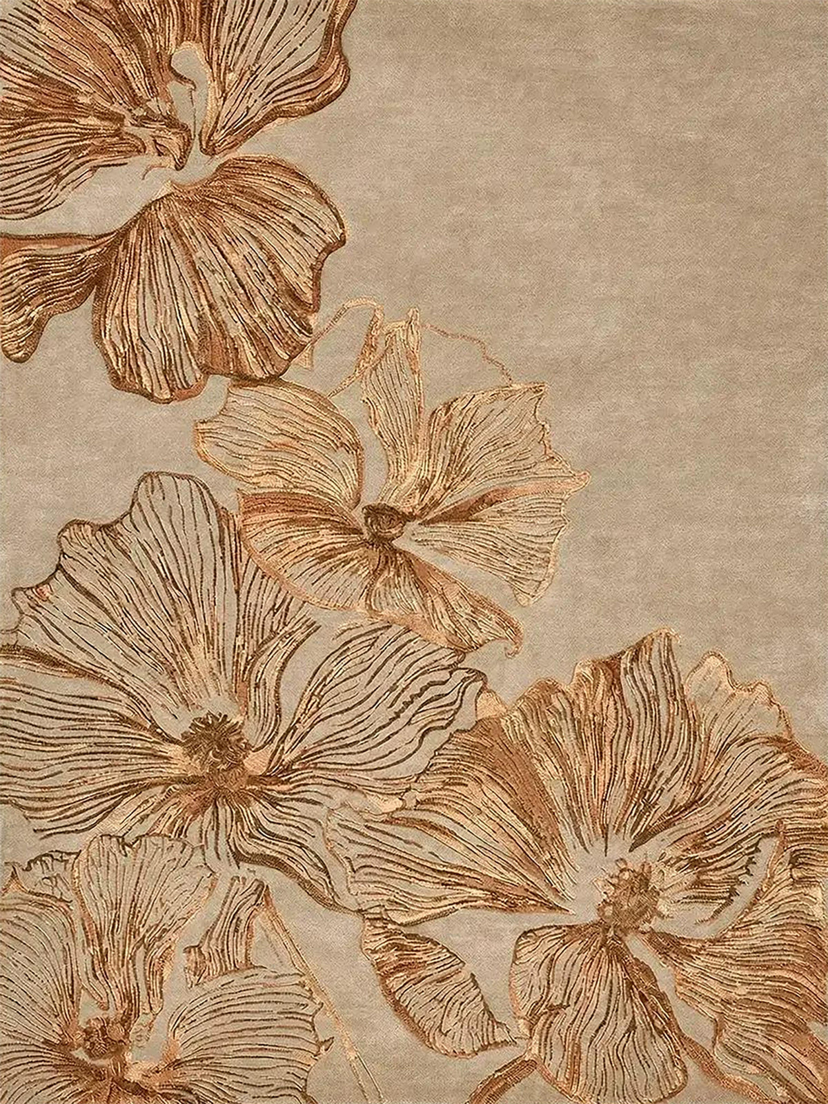 Large blossoms outlined in fine copper lines over a warm taupe ground
