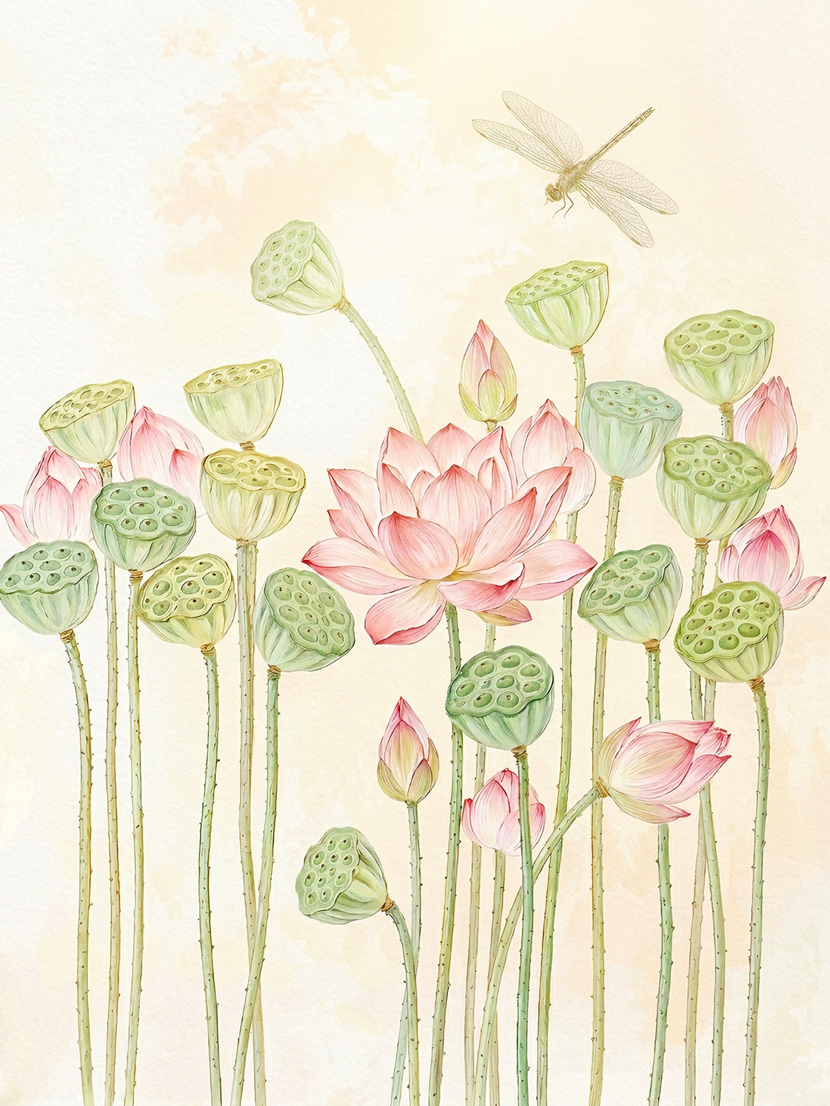 Pink lotus and green seed pods on tall stems, with a hovering dragonfly