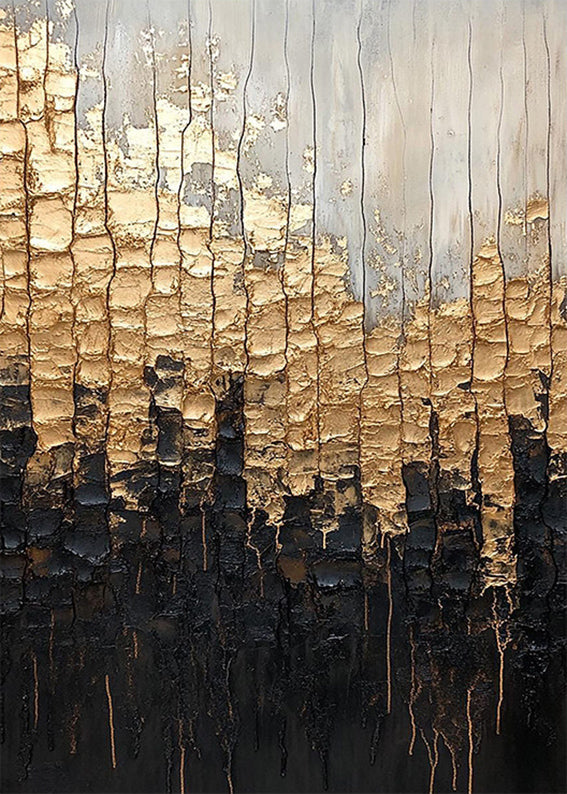 Thick bands of gold, silver and black paint dripping down in heavy vertical texture