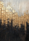 Thick bands of gold, silver and black paint dripping down in heavy vertical texture
