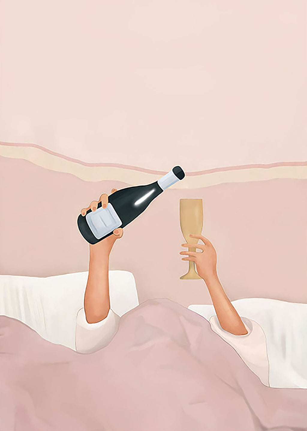Two arms reaching from pink sheets, one holding a champagne bottle and the other a glass