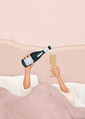 Two arms reaching from pink sheets, one holding a champagne bottle and the other a glass