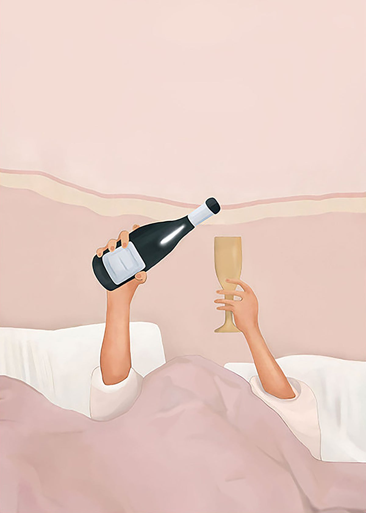 Two arms reaching from pink sheets, one holding a champagne bottle and the other a glass