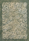 Looping ivory lines knotted over a deep moss-green ground