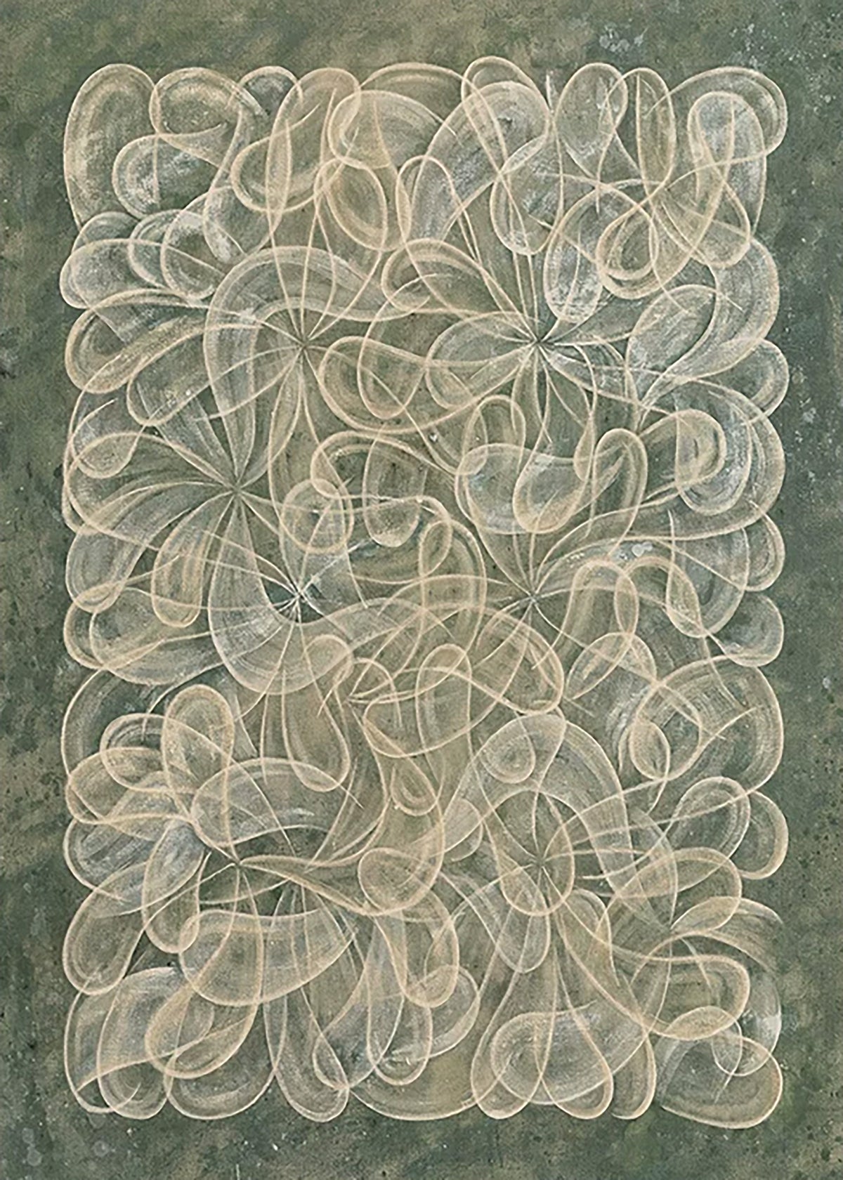 Looping ivory lines knotted over a deep moss-green ground