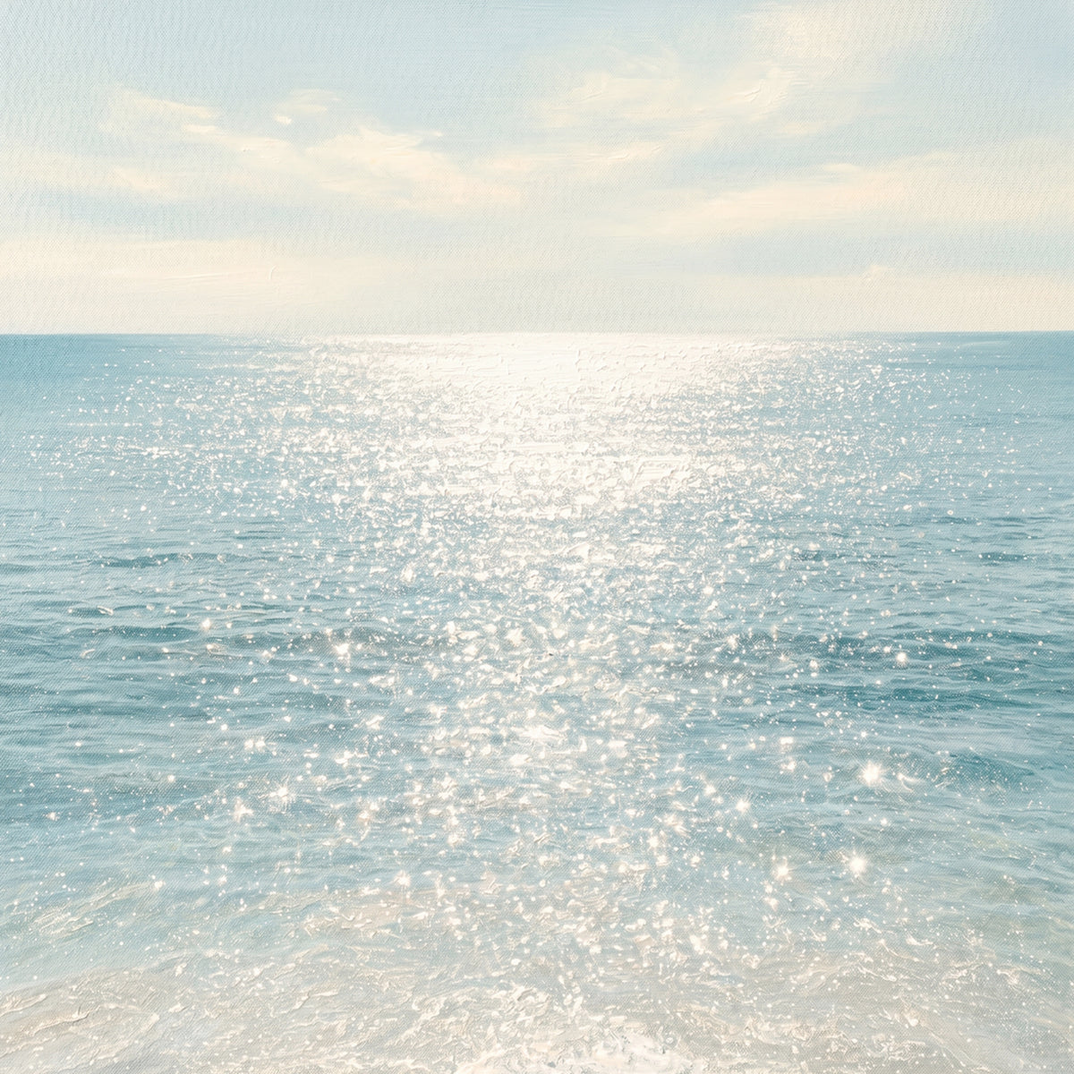Sunlight sparkling across a calm turquoise sea under a pale sky