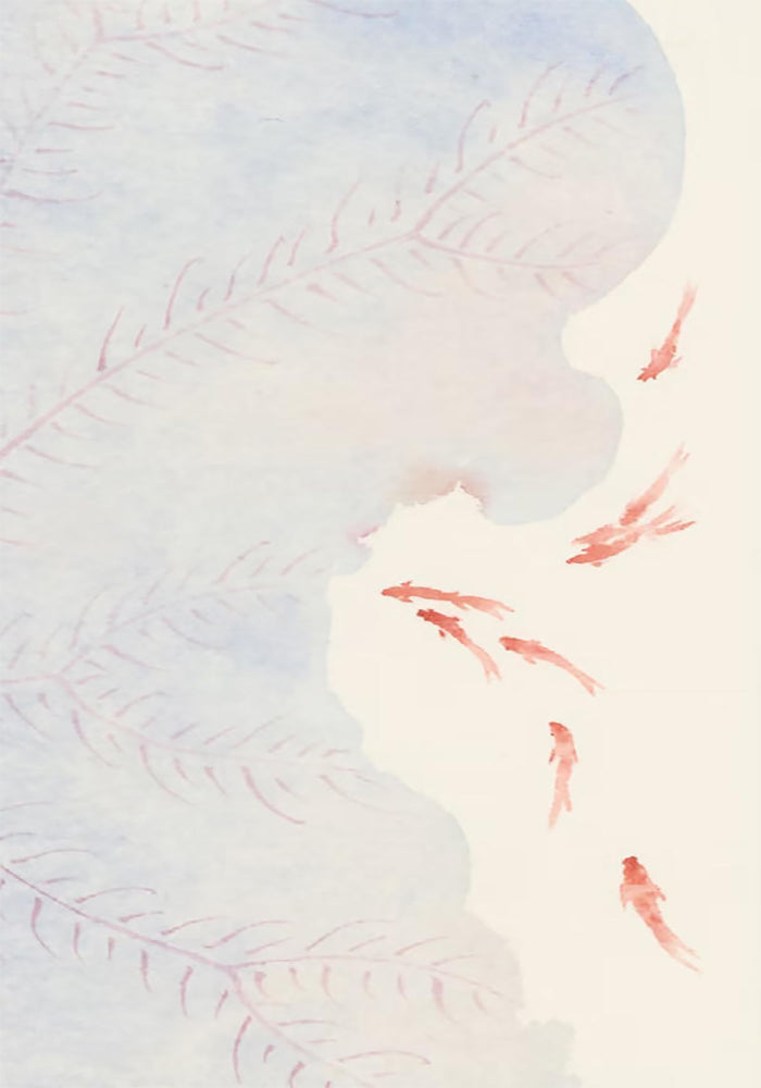 A few coral koi gliding through pale lilac waves