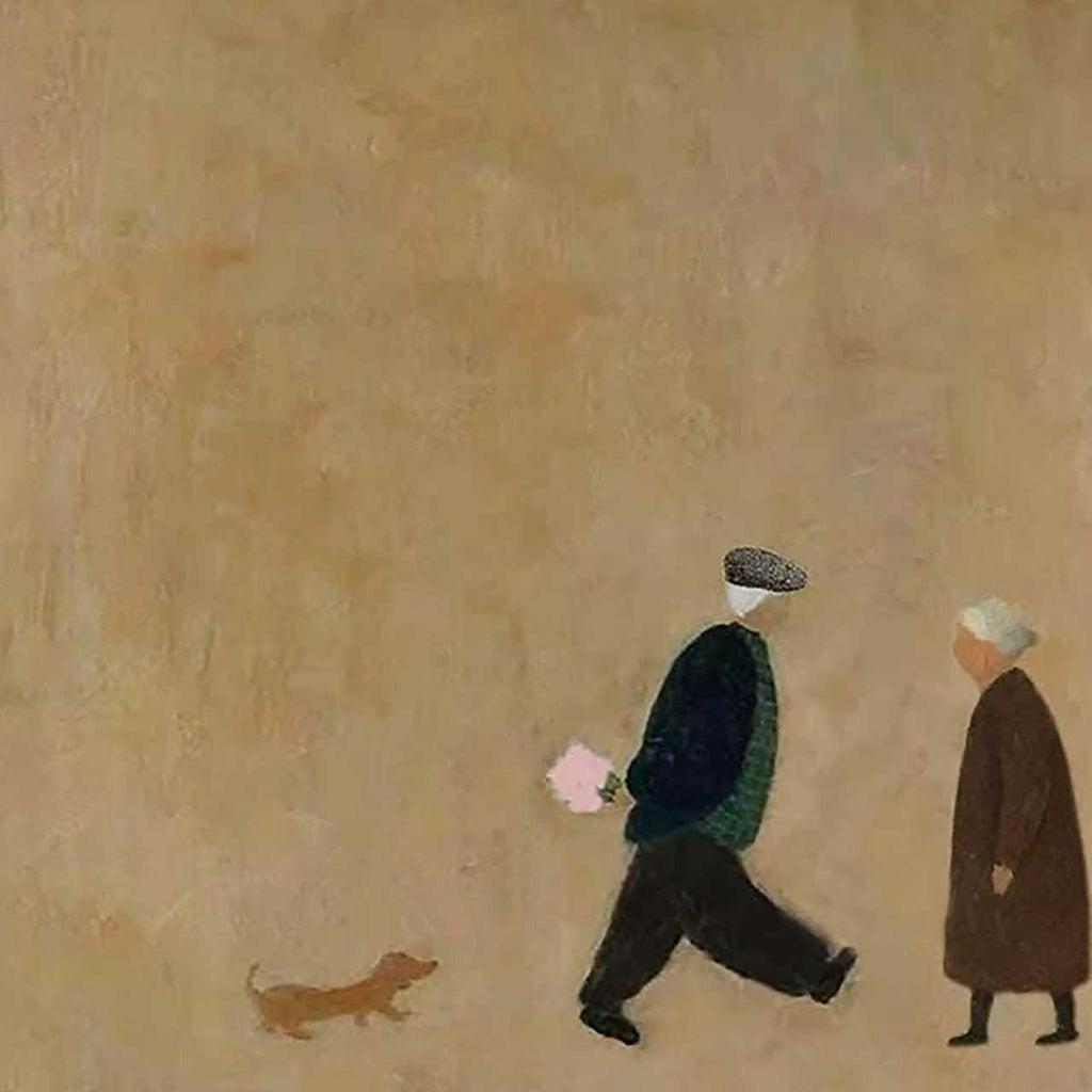 An old man in a flat cap carrying a pink parcel, an old woman and a little dachshund trailing along a tan wall