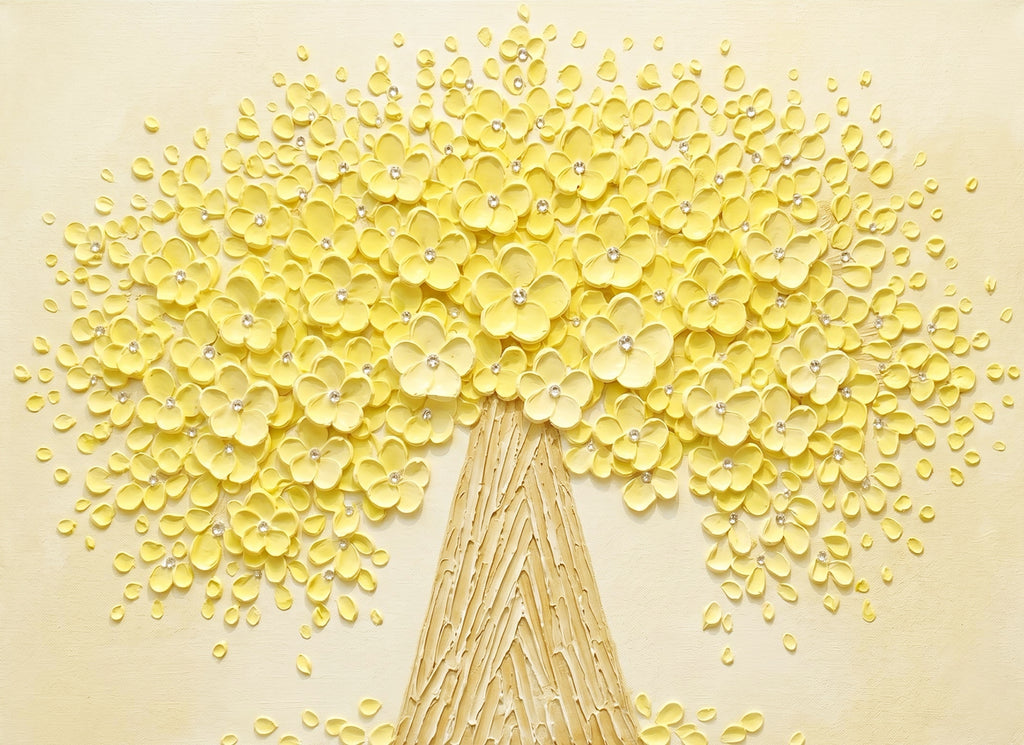 A tree crowned in sculpted pale-yellow blossoms on a soft cream ground