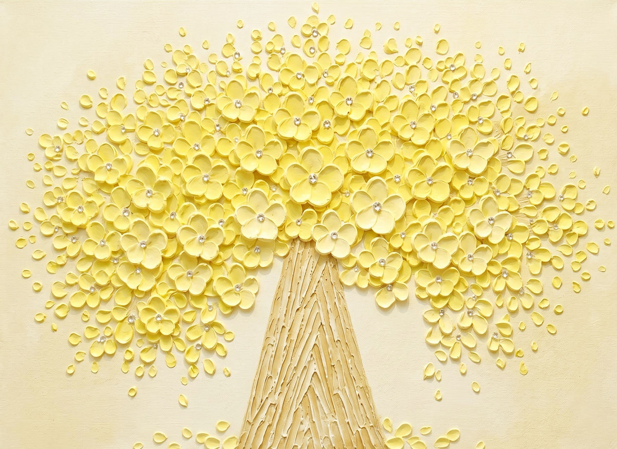 A tree crowned in sculpted pale-yellow blossoms on a soft cream ground