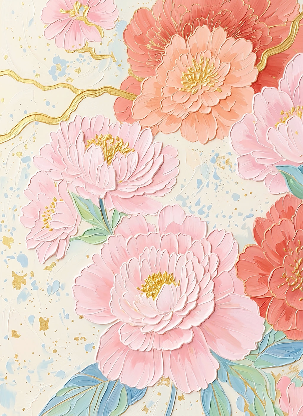 Lush coral and pink peonies with gold centers and flowing gold lines on a speckled cream ground