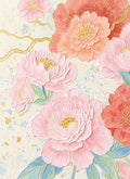 Lush coral and pink peonies with gold centers and flowing gold lines on a speckled cream ground