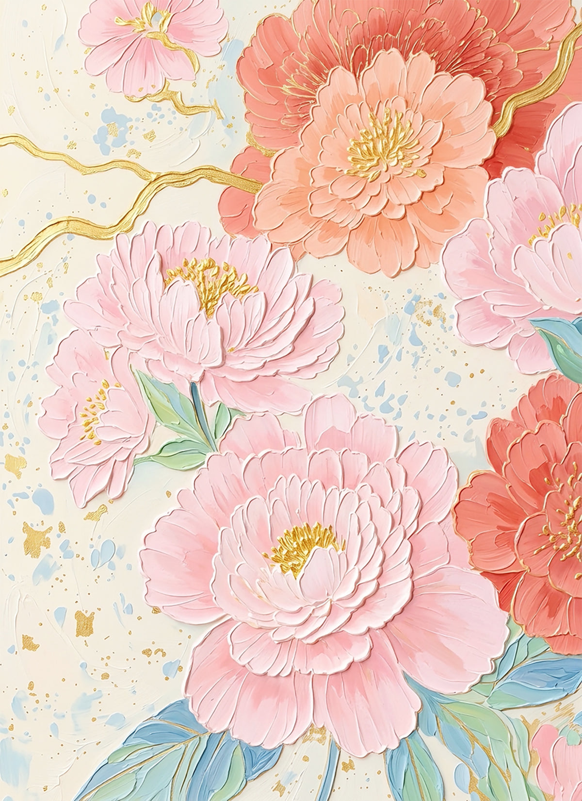 Lush coral and pink peonies with gold centers and flowing gold lines on a speckled cream ground
