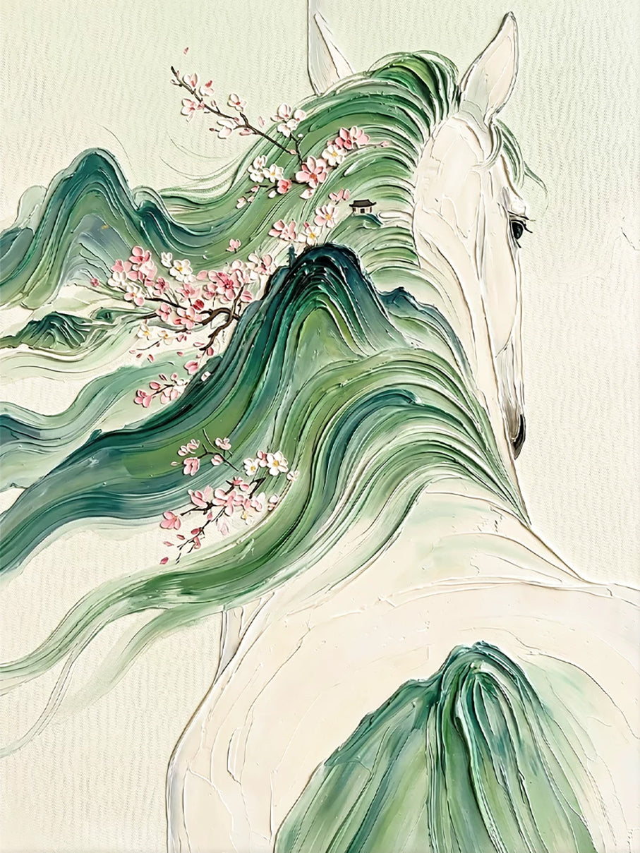 A white horse whose flowing mane becomes green mountains with plum blossoms