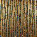 Rows of gold bamboo stalks over a glittering mosaic of jewel colors
