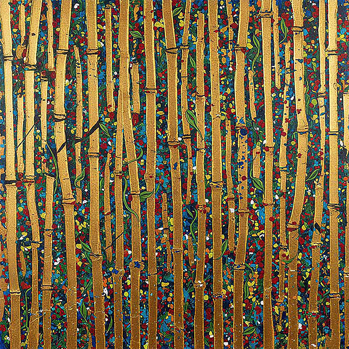 Rows of gold bamboo stalks over a glittering mosaic of jewel colors