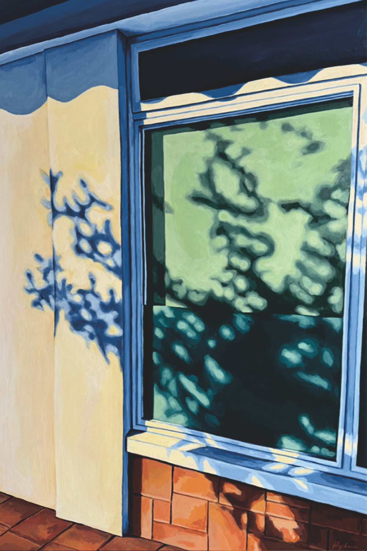 A blue-framed window reflecting green trees, with leaf shadows on the wall