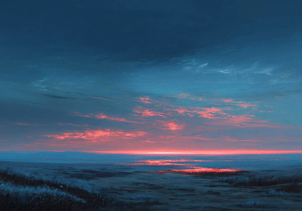 A last band of pink and red sunset under deep teal clouds over a frosted moor