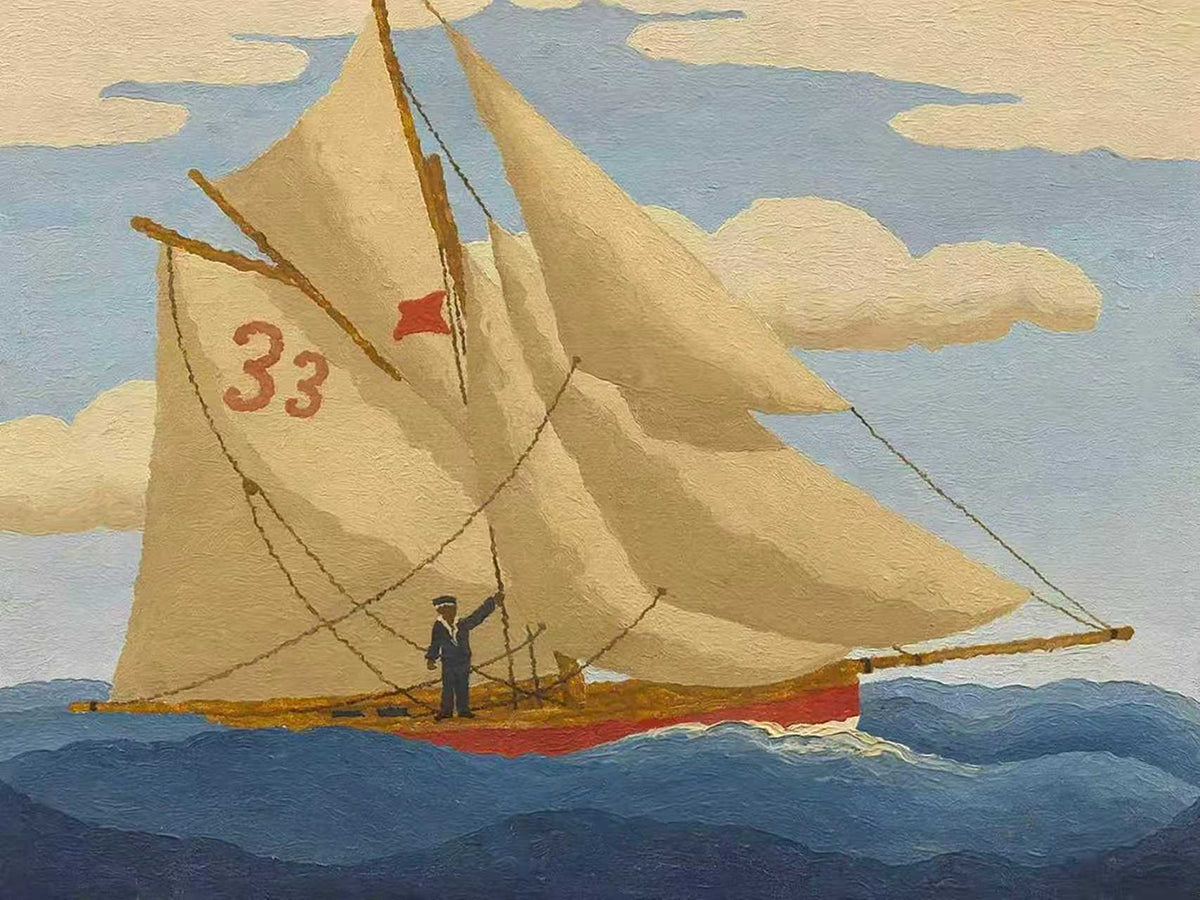 A tall-sailed boat with a lone sailor crossing a deep blue sea