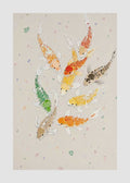 Seven koi in orange, gold, green and speckled brown circling on a pale ground scattered with petals