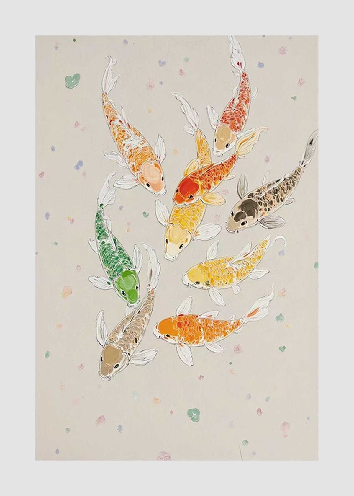 Seven koi in orange, gold, green and speckled brown circling on a pale ground scattered with petals