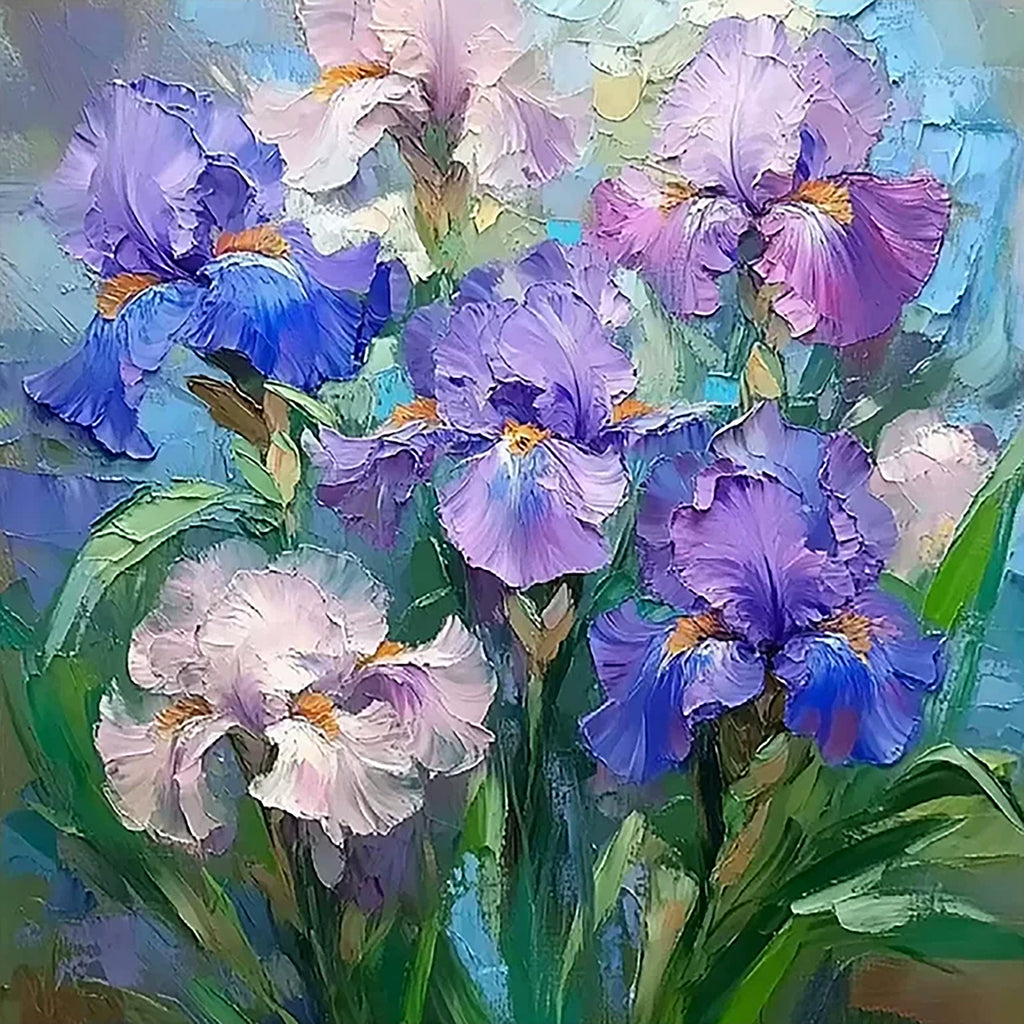 Violet, blue and blush irises crowded together in thick, glossy palette-knife strokes