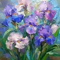 Violet, blue and blush irises crowded together in thick, glossy palette-knife strokes