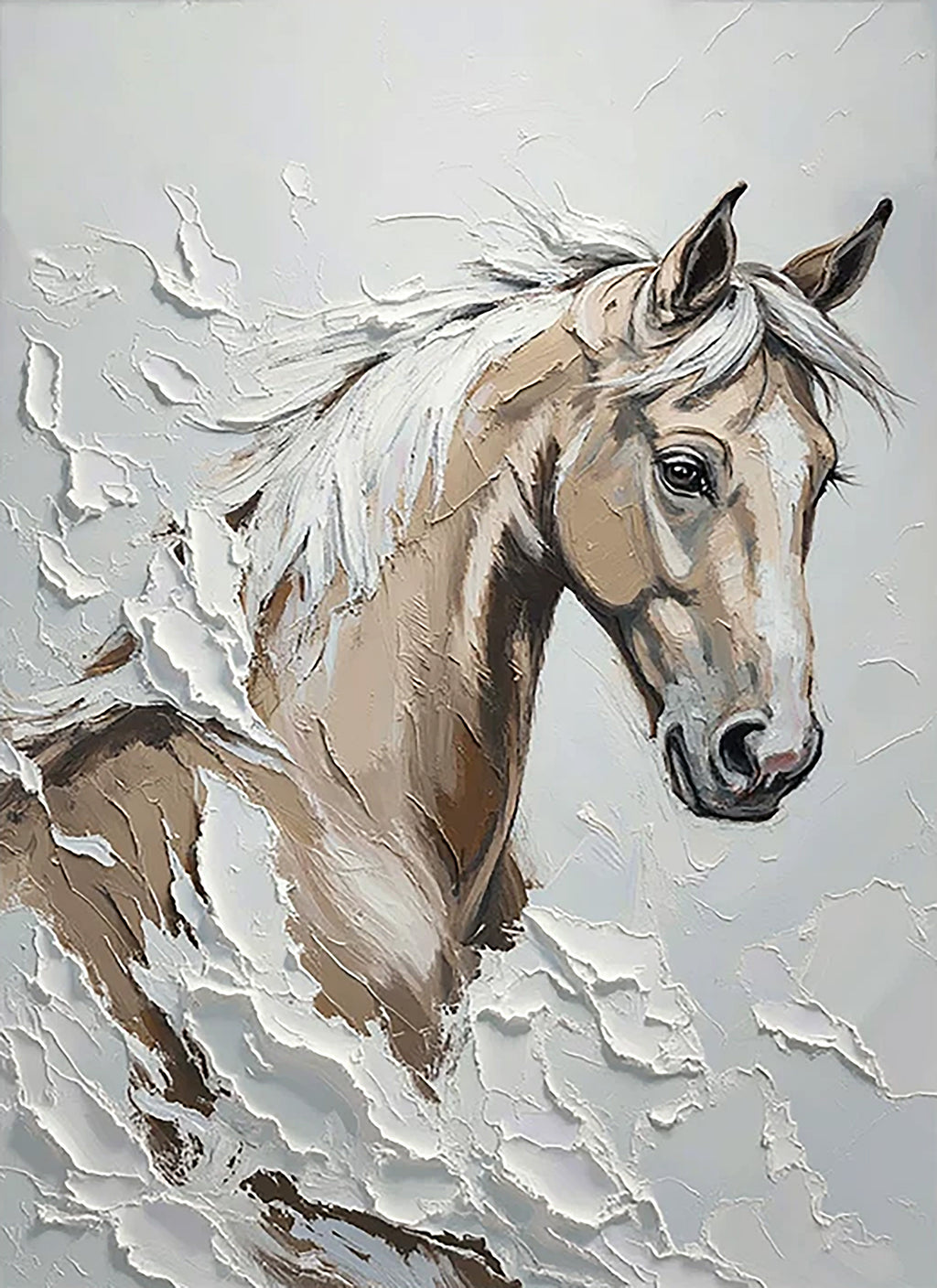 A pale horse's head and mane rising from sculpted white waves of paint