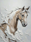 A pale horse's head and mane rising from sculpted white waves of paint