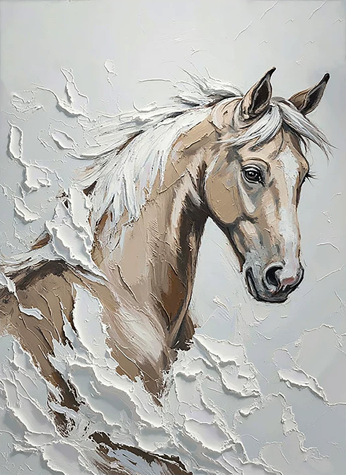 A pale horse's head and mane rising from sculpted white waves of paint
