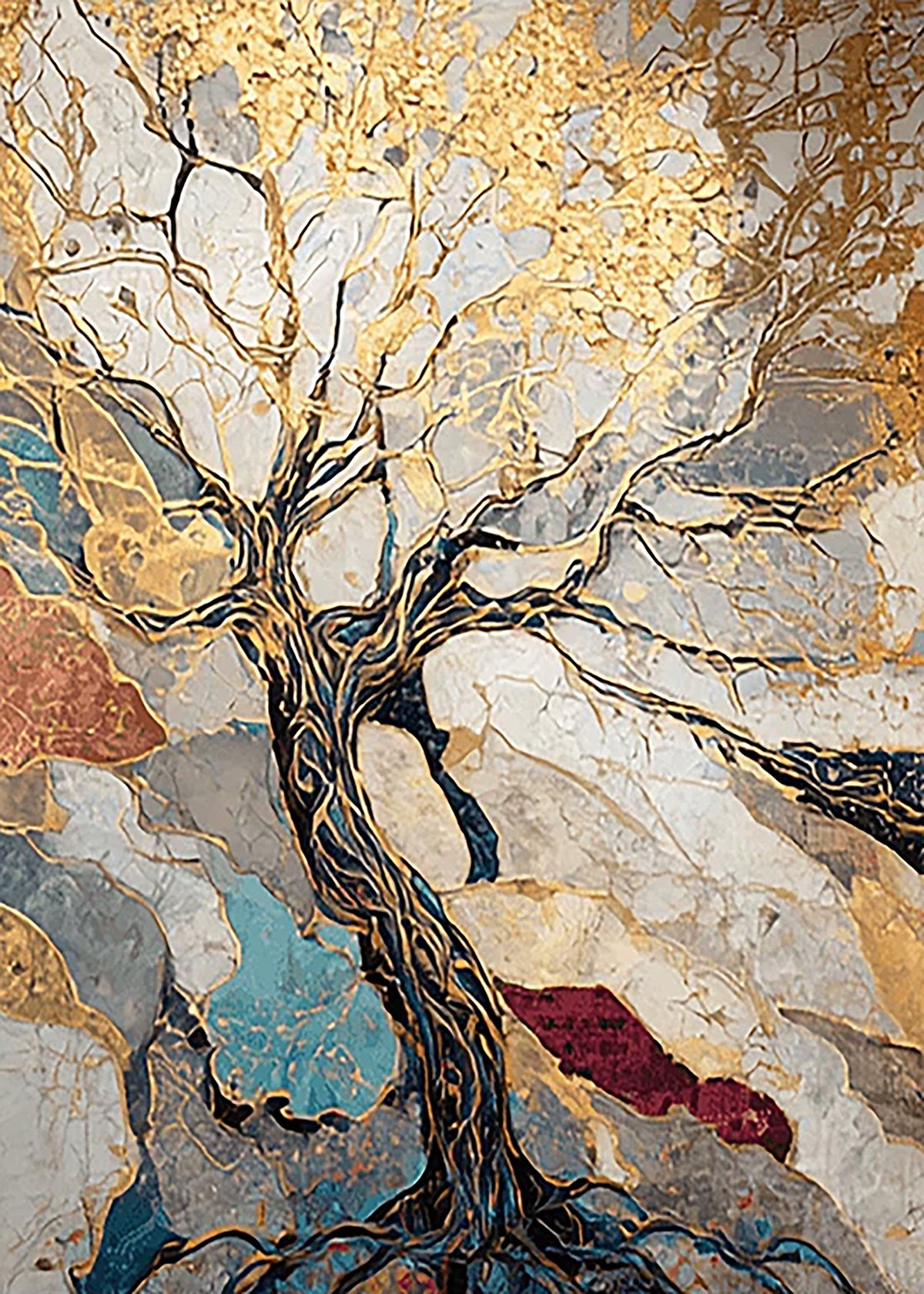 A tree with golden branches spreading across a marbled patchwork of cream, teal, rust and gold