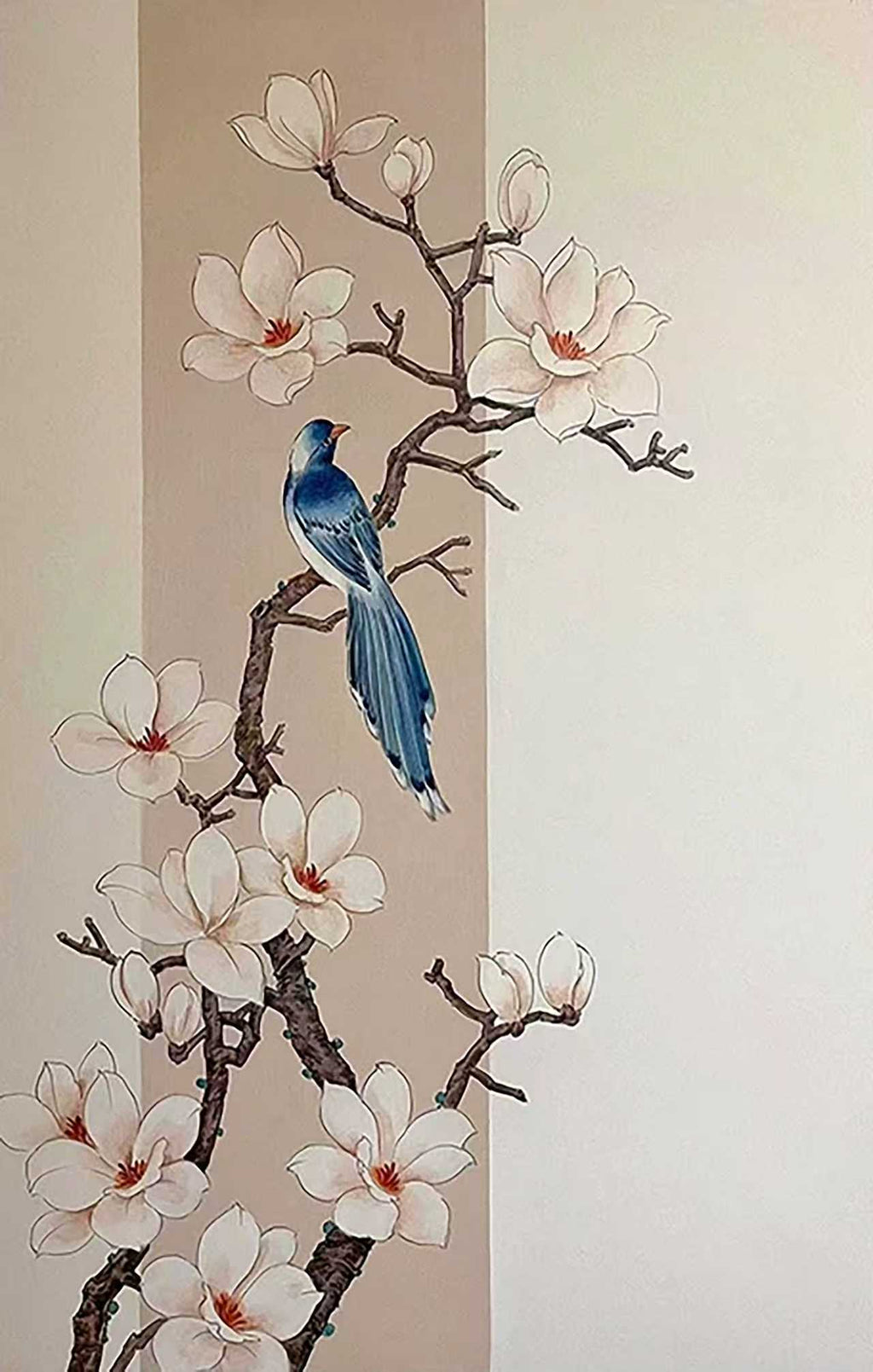 A blue bird perched among white magnolias in a soft panel of taupe and ivory