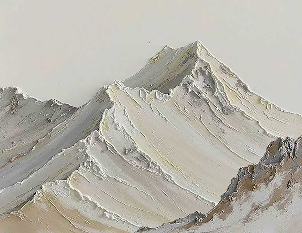 Sculpted white mountain ridges in thick palette-knife strokes