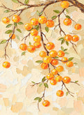 A branch heavy with bright mandarin oranges against a cream ground