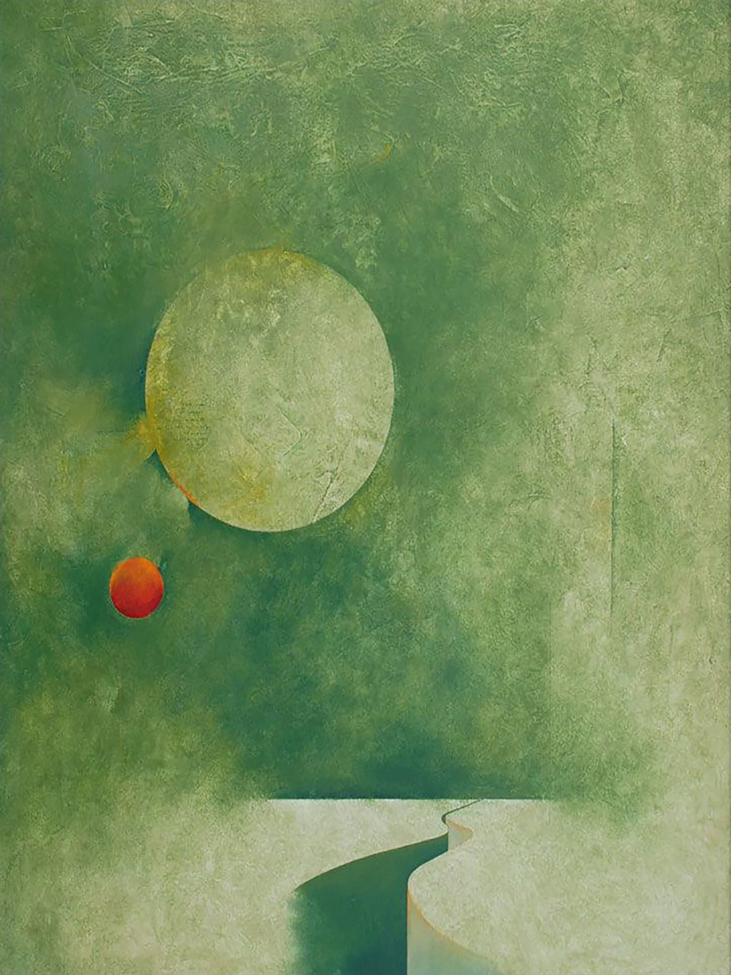 A pale moon and a small red fruit floating over a deep green, misty field
