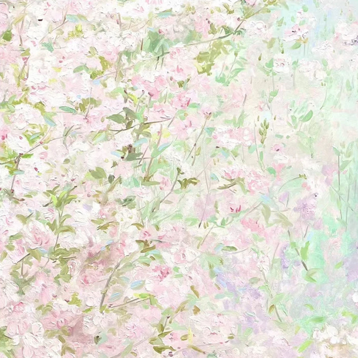 A dense haze of pink, white and mint blossoms in soft impressionist dabs